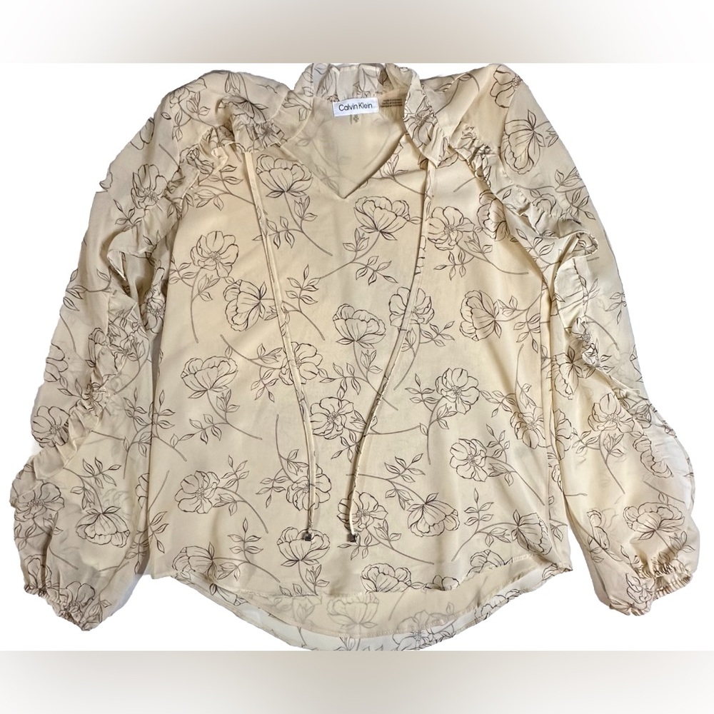 Calvin Klein Long Sleeve Ruffled Sheer Floral V-neck Tan Blouse Pre-owned XS - Picture 3 of 7